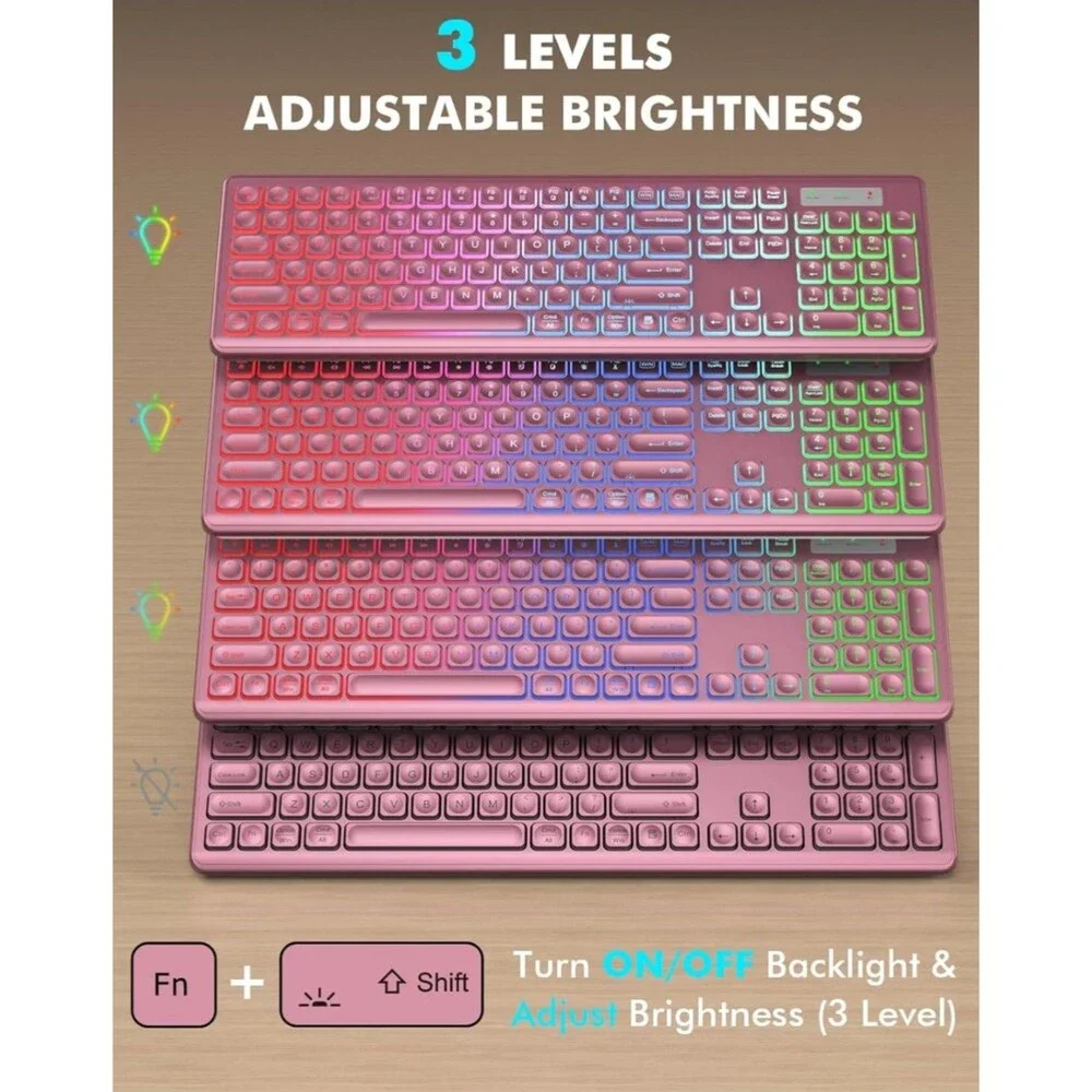 Wireless Keyboard and Mouse Combo, RGB Backlit Rechargeable Soft Typing Wine Red